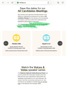 A screenshot from the hhhdp.ca website with the page title of Save the Date for our All Candidates Meeting.